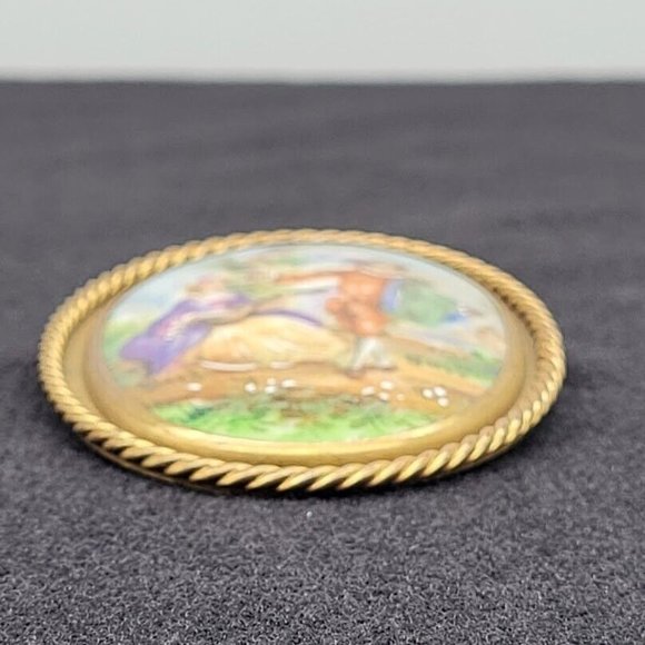 VTG Limoges Hand Painted Porcelain Romantic Scene Pin France Paris Gold - Picture 8 of 10